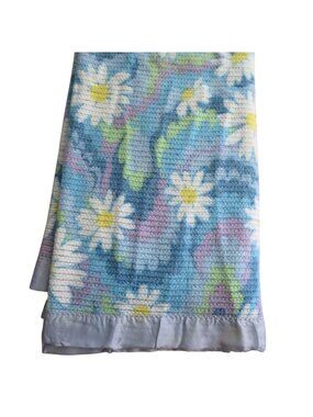 Vintage 70s Sears Twin Acrylic Waffle Weave Blanket Blue Floral Design Satin